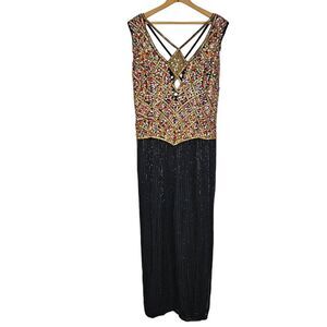 Vintage LeMonde Fashions Heavy Beaded Sequin 100% Silk Full Length Gown Dress 16